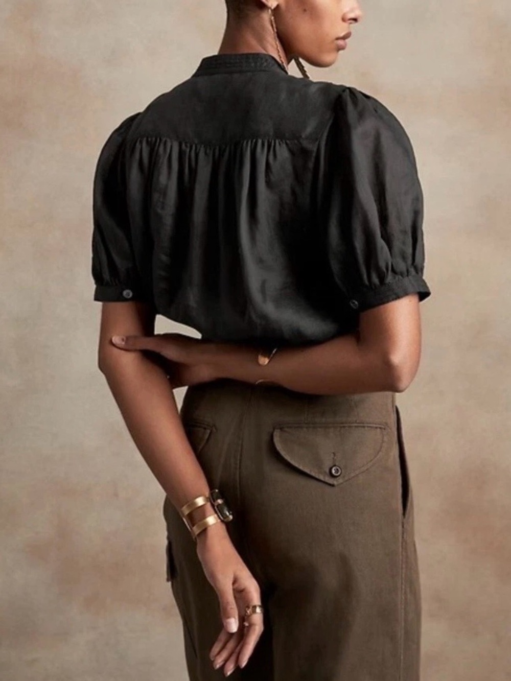 Banana Republic Puff-Sleeve Ramie Blouse Size XXS Black NWT